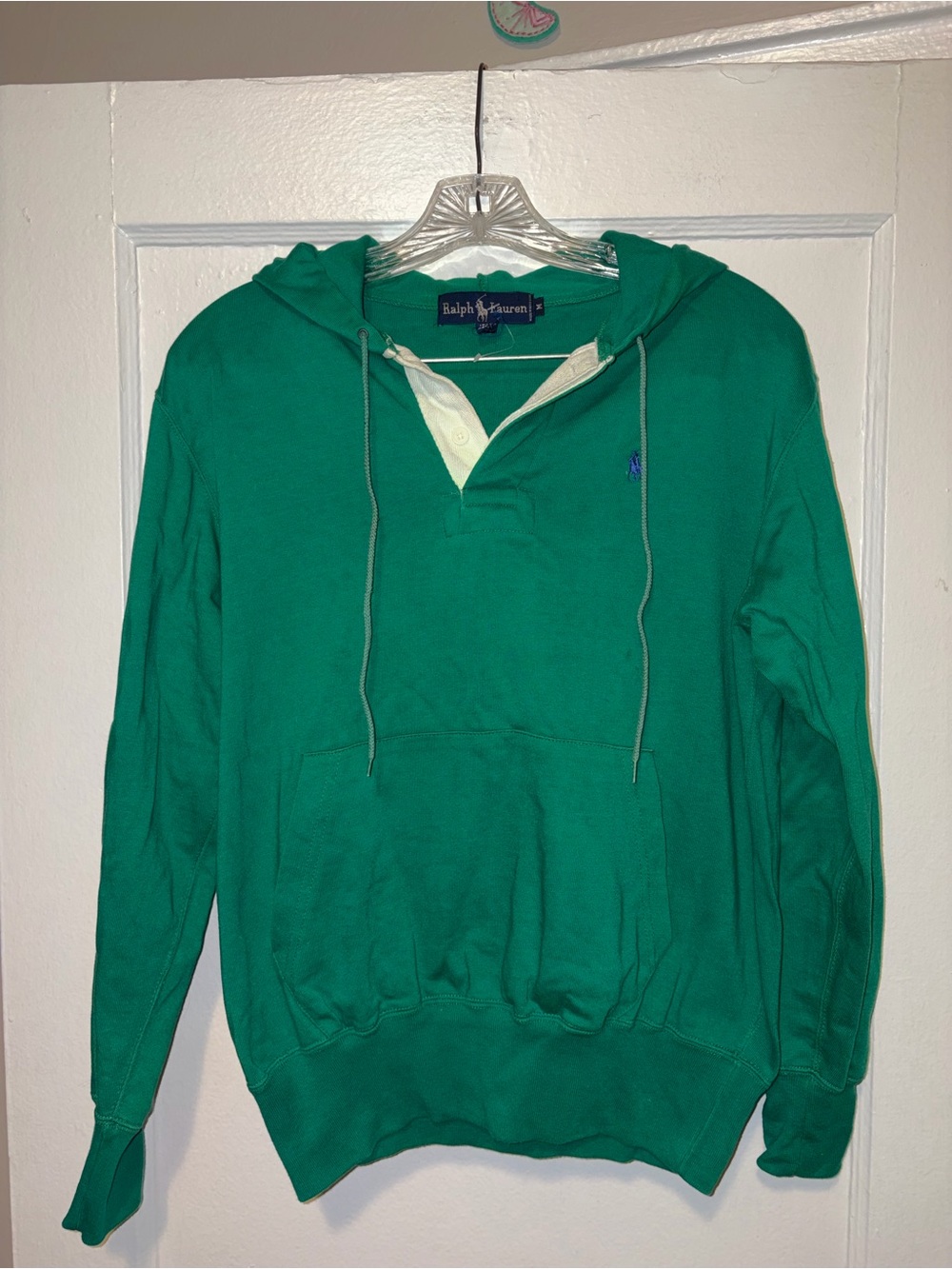 Vintage 80s Ralph Lauren Green Cotton Hoodie Polo Pullover Medium *Read